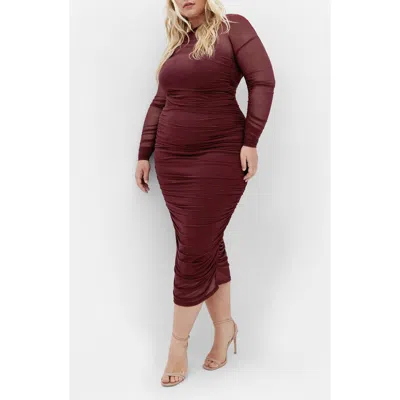 City Chic Livia Mesh Overlay Pencil Skirt In Burgundy