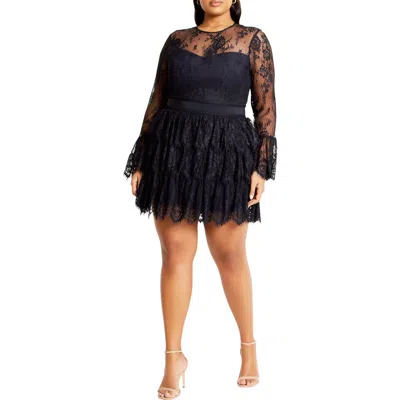City Chic Logan Lace Overlay Long Sleeve Cocktail Dress In Navy