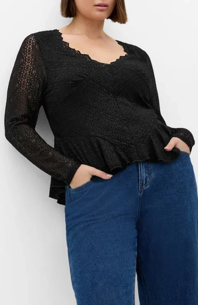 City Chic Lola Long Sleeve Lace Shirt In Black
