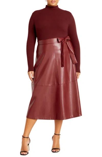 City Chic Lola Mock Neck Rib & Faux Leather Midi Dress In Bordeaux
