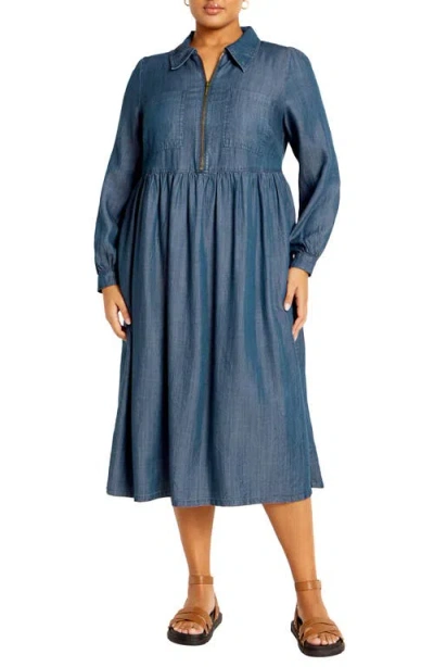 City Chic Long Sleeve Denim Shirtdress In Dark Wash