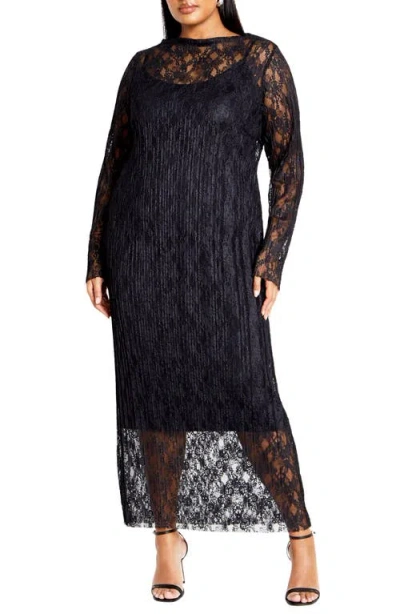 City Chic Long Sleeve Plissé Lace Sheath Dress In Black