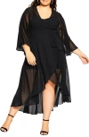City Chic Long Sleeve Sheer Chiffon Maxi Wrap Dress In Black