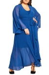 City Chic Long Sleeve Sheer Chiffon Maxi Wrap Dress In Blue