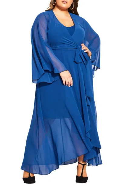 City Chic Long Sleeve Sheer Chiffon Maxi Wrap Dress In Blue