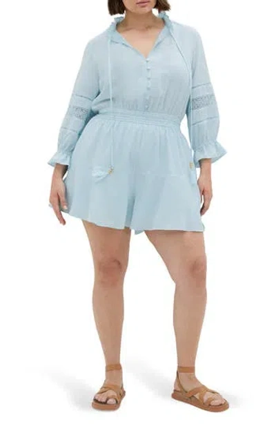 City Chic Long Sleeve Woven Romper In Ice Blue