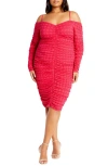 City Chic Lorelai Ruched Cold Shoulder Long Sleeve Dress In Pop Pink