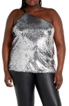 City Chic Lottie Sequin One-shoulder Top In Silver