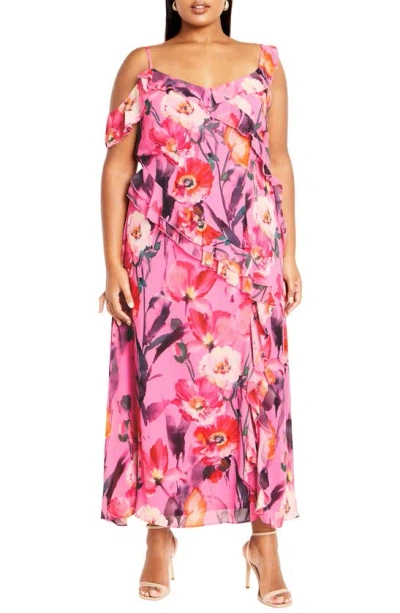 City Chic Love Floral Ruffle Cold Shoulder Maxi Dress In Lovers Lane