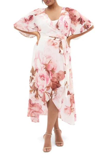 City Chic Lovers' Lane Floral Print Wrap Dress In Pink