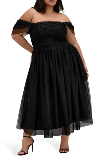City Chic Lulu Off The Shoulder Tulle Midi Dress In Black