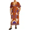 City Chic Botantical Print Twist Cutout Puff Sleeve Dress In Brown