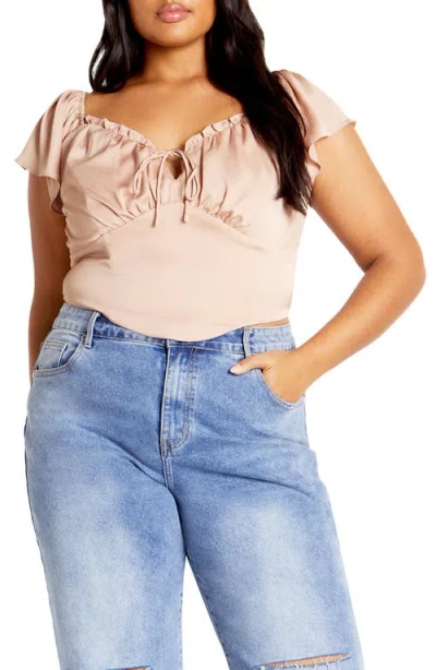 City Chic Mae Ruffle Off The Shoulder Crop Top In Rose Gold