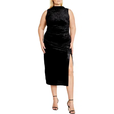City Chic Mae Sleeveless Crushed Velvet Dress In Black