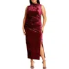 City Chic Mae Sleeveless Crushed Velvet Dress In Ruby