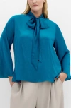 City Chic Mahalia Tie Neck Satin Top In Blue