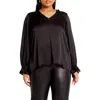 City Chic Maia Ruffle Fluted Sleeve Satin Top In Black