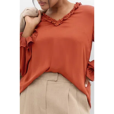 City Chic Maia Ruffle Fluted Sleeve Satin Top In Brown