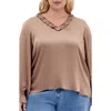City Chic Maia Ruffle Fluted Sleeve Satin Top In Brown