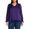 City Chic Maia Ruffle Fluted Sleeve Satin Top In Purple