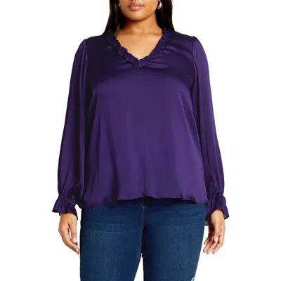 City Chic Maia Ruffle Fluted Sleeve Satin Top In Purple