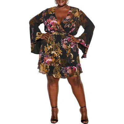 City Chic Malaga Floral Print Long Sleeve Faux Wrap Dress In Multi