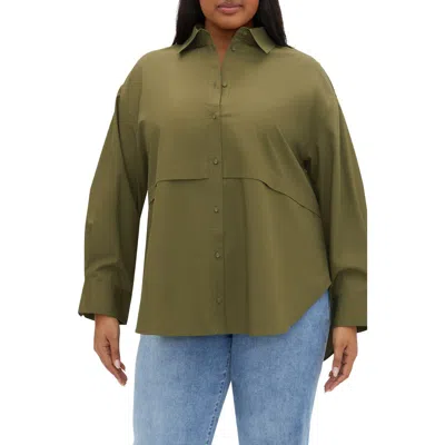 City Chic Malani Long Sleeve Cotton Button-up Shirt In Khaki