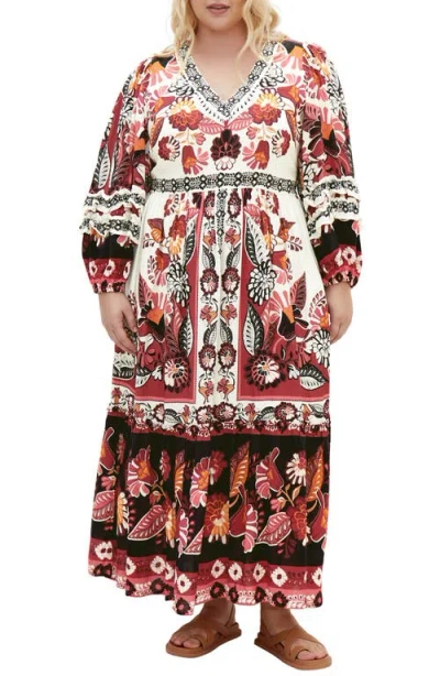 City Chic Malia Mixed Print Long Sleeve Maxi Dress In Ivory Plc