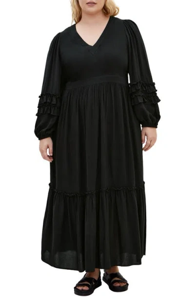 City Chic Malia Ruffle Long Sleeve Maxi Dress In Black