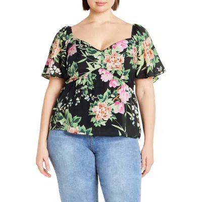City Chic Marci Floral Flutter Sleeve Top In Black Sweet Blossom