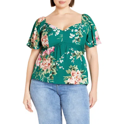 City Chic Marci Floral Flutter Sleeve Top In Jade Sweet Blossom