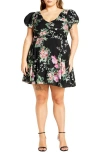 City Chic Marci Pleated Bodice Floral Print Tie Back Dress In Black Sweet Blossom