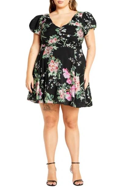 City Chic Marci Pleated Bodice Floral Print Tie Back Dress In Black Sweet Blossom