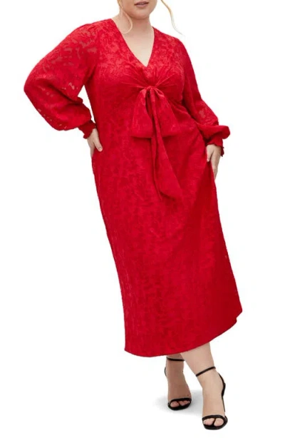 City Chic Marci Textured Print Long Sleeve Maxi Dress In Red
