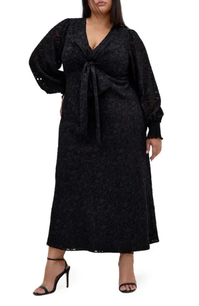 City Chic Marci Textured Print Long Sleeve Maxi Dress In Black