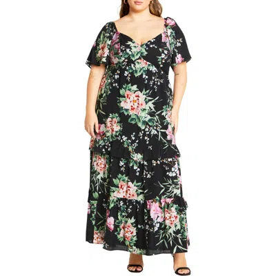 City Chic Marci Tiered Print Maxi Dress In Black Sweet Blossom