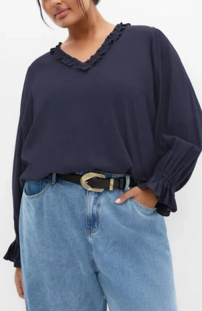 City Chic Maree Ruffle Trim Top In Blue