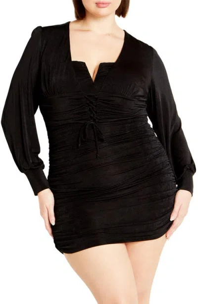 City Chic Maren Long Sleeve Lace-up Crop Top In Black