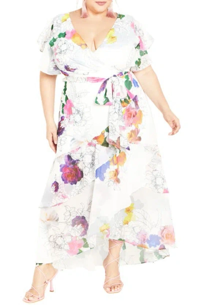 City Chic Margot Belted Chiffon Maxi Dress In Bright Romance Floral