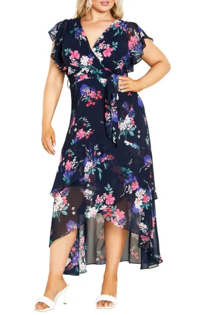 City Chic Margot Floral Print Asymmetric Maxi Dress In Navy Lotte Bouquet