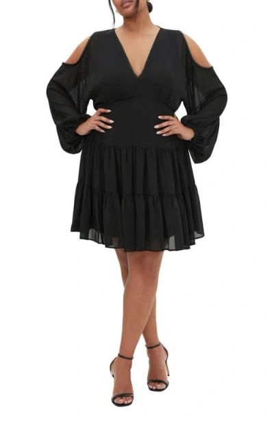 City Chic Maria Cold-shoulder Long Sleeve Dress In Black