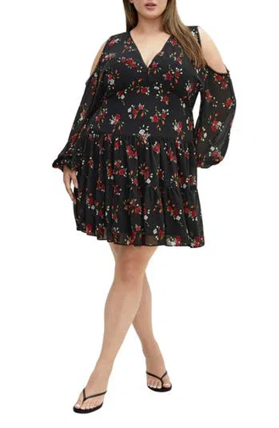 City Chic Maria Cold Shoulder Long Sleeve Minidress In Dolce Ditsy Blk