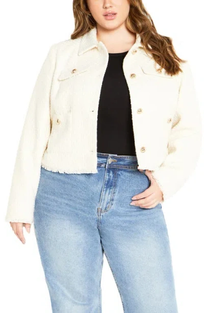 City Chic Mariah Fray Hem Tweed Jacket In White