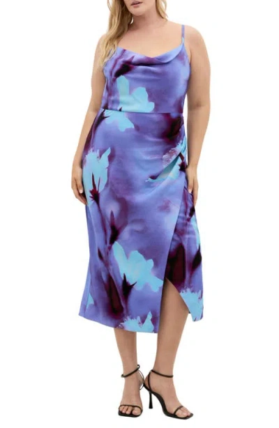 City Chic Mariana Printed Cowl Neck Midi Dress In Blue