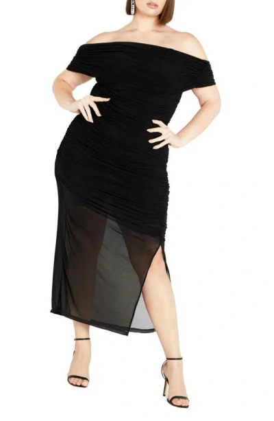 City Chic Marianne Off The Shoulder Ruched Mesh Midi Dress In Black