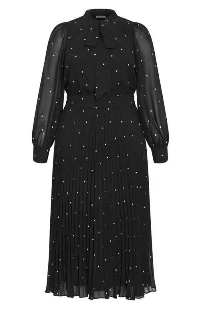 City Chic Marily Spot Tie Neck Long Sleeve Maxi Dress In Black