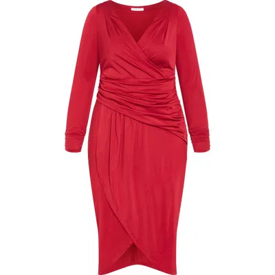 City Chic Marissa Ruched Long Sleeve Midi Dress In Red