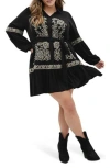 City Chic Marlie Long Sleeve Embroidered Minidress In Black
