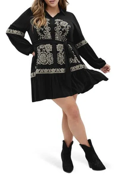 City Chic Marlie Long Sleeve Embroidered Minidress In Black