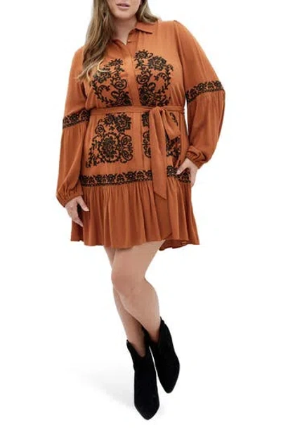City Chic Marlie Long Sleeve Embroidered Minidress In Brown